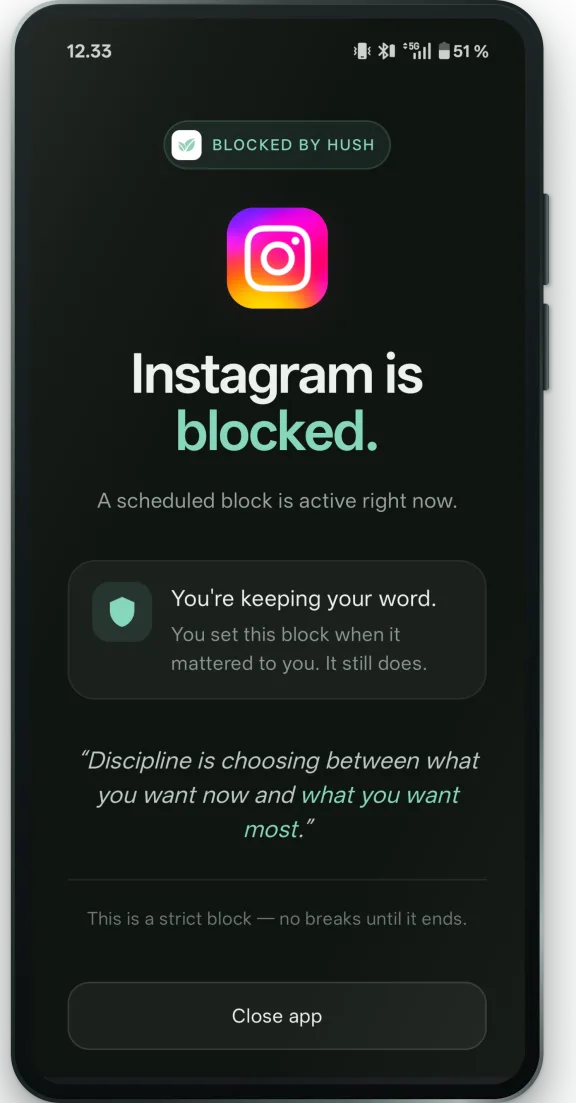 Instagram blocked by Hush in Strict mode, with no way to dismiss the block